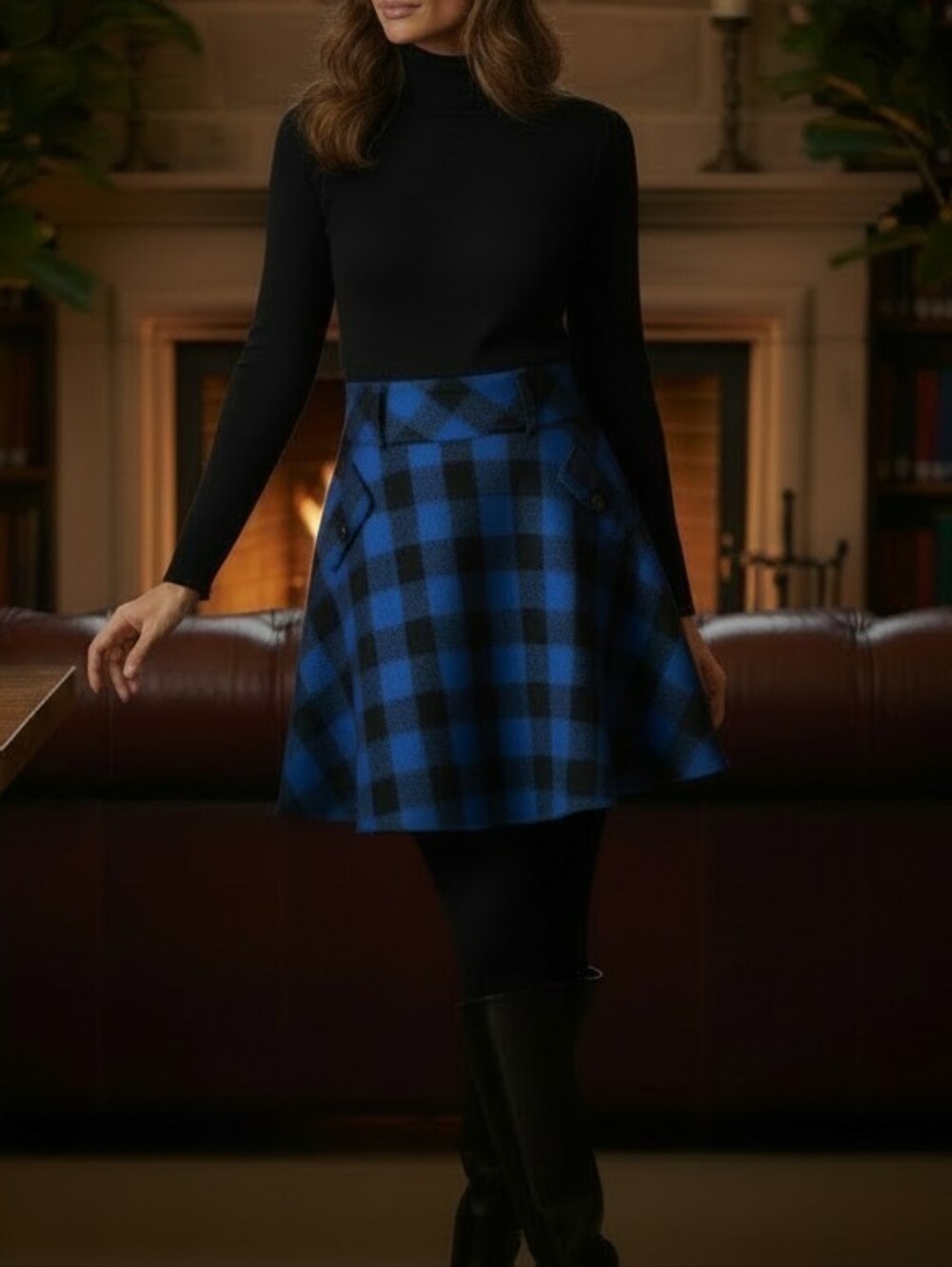 Plaid Skirt w/ Pockets Blue Black Dark Academia Preppy Collegiate, Womens S